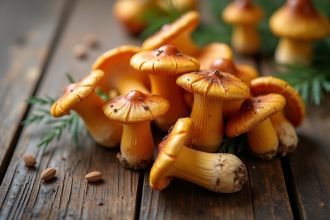 Champignons girolles frais sur une table en bois rustique
