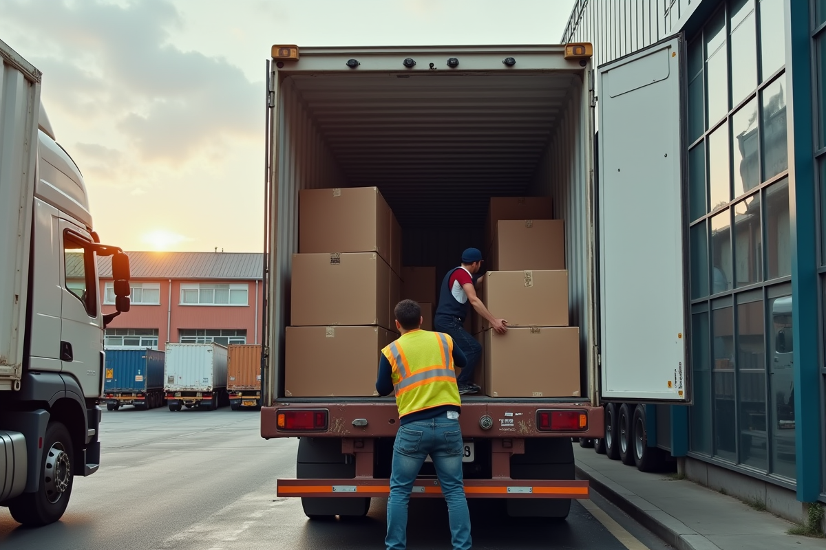 Employes chargent un camion cargo de 30m3 vu du dessus