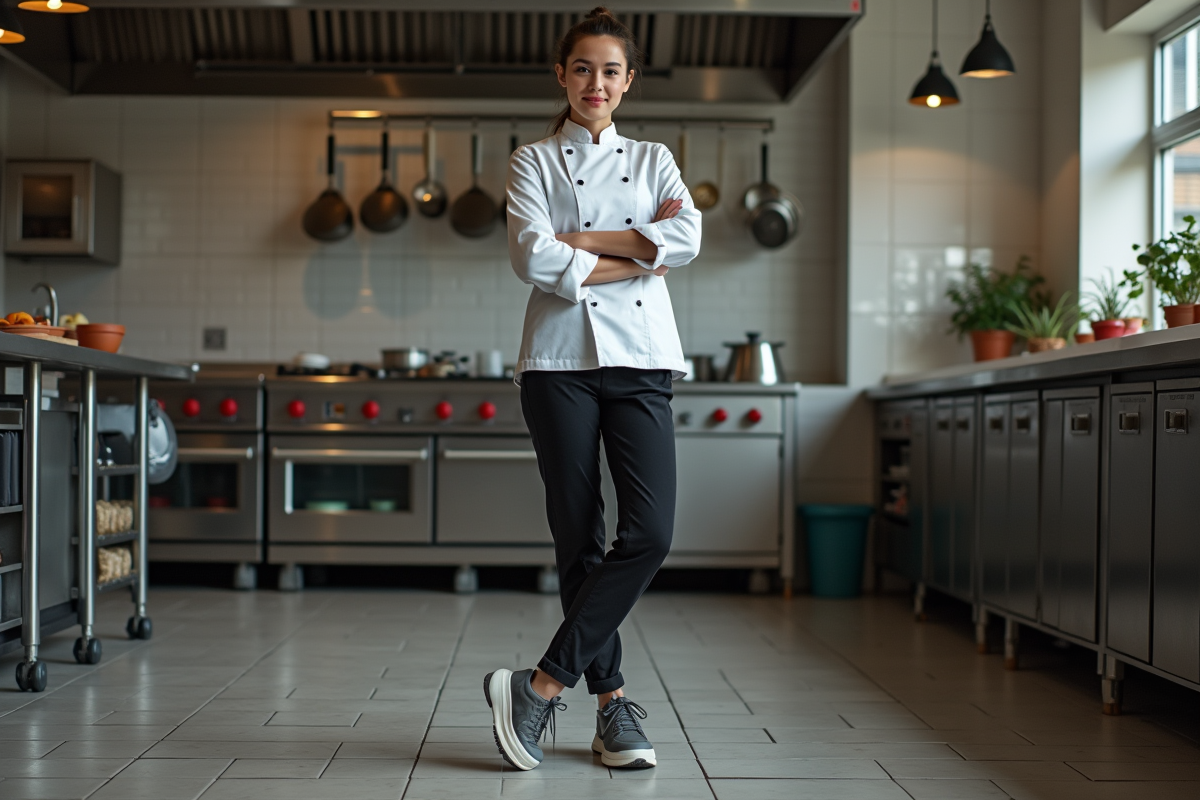 Jeune chef en chaussures antidérapantes dans une cuisine professionnelle
