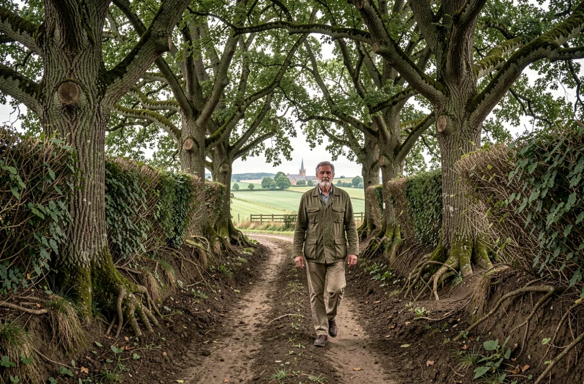 Promeneur sur un chemin creux bordé de haies et de chênes anciens dans les environs de Bésigny en Normandie