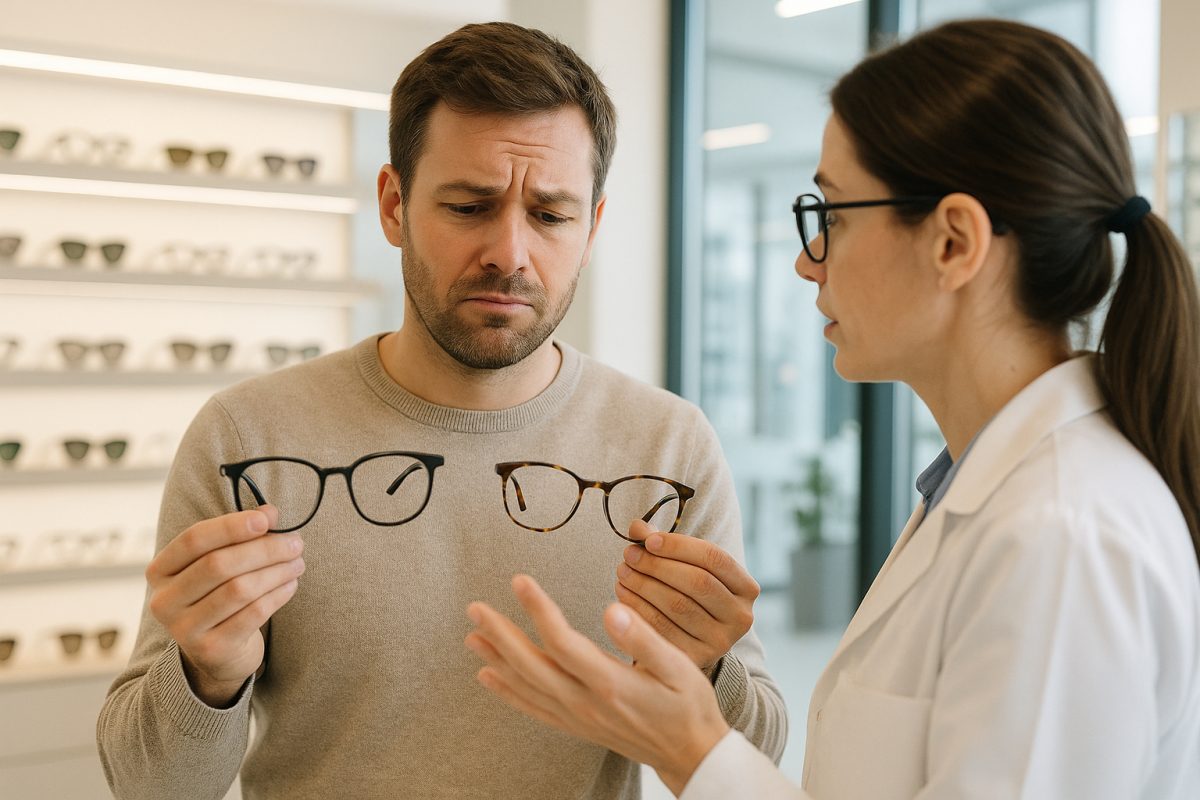 Client hésitant avec deux lunettes chez l'opticien