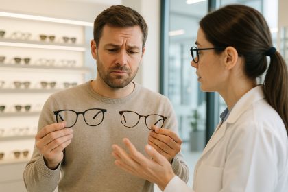 Client hésitant avec deux lunettes chez l'opticien
