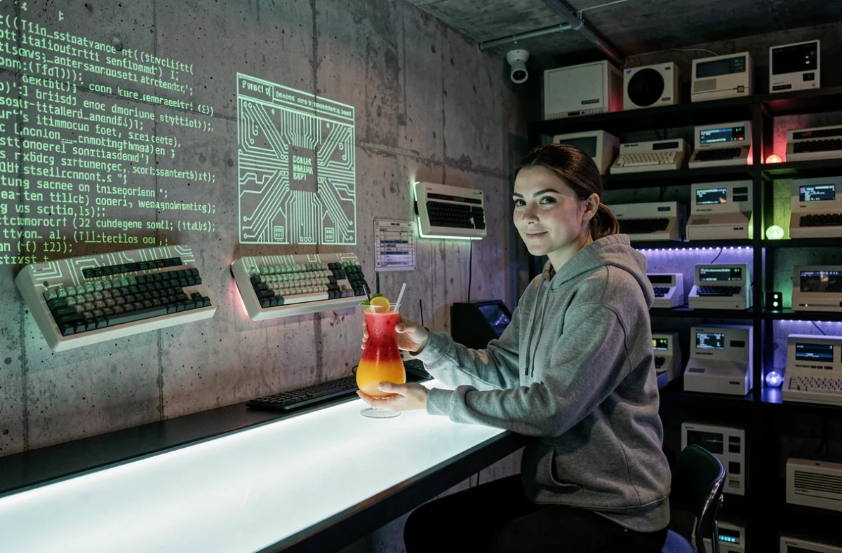 Intérieur du Code Bar à Strasbourg avec esthétique geek et tech, néons verts, décor inspiré du codage informatique et cocktails colorés