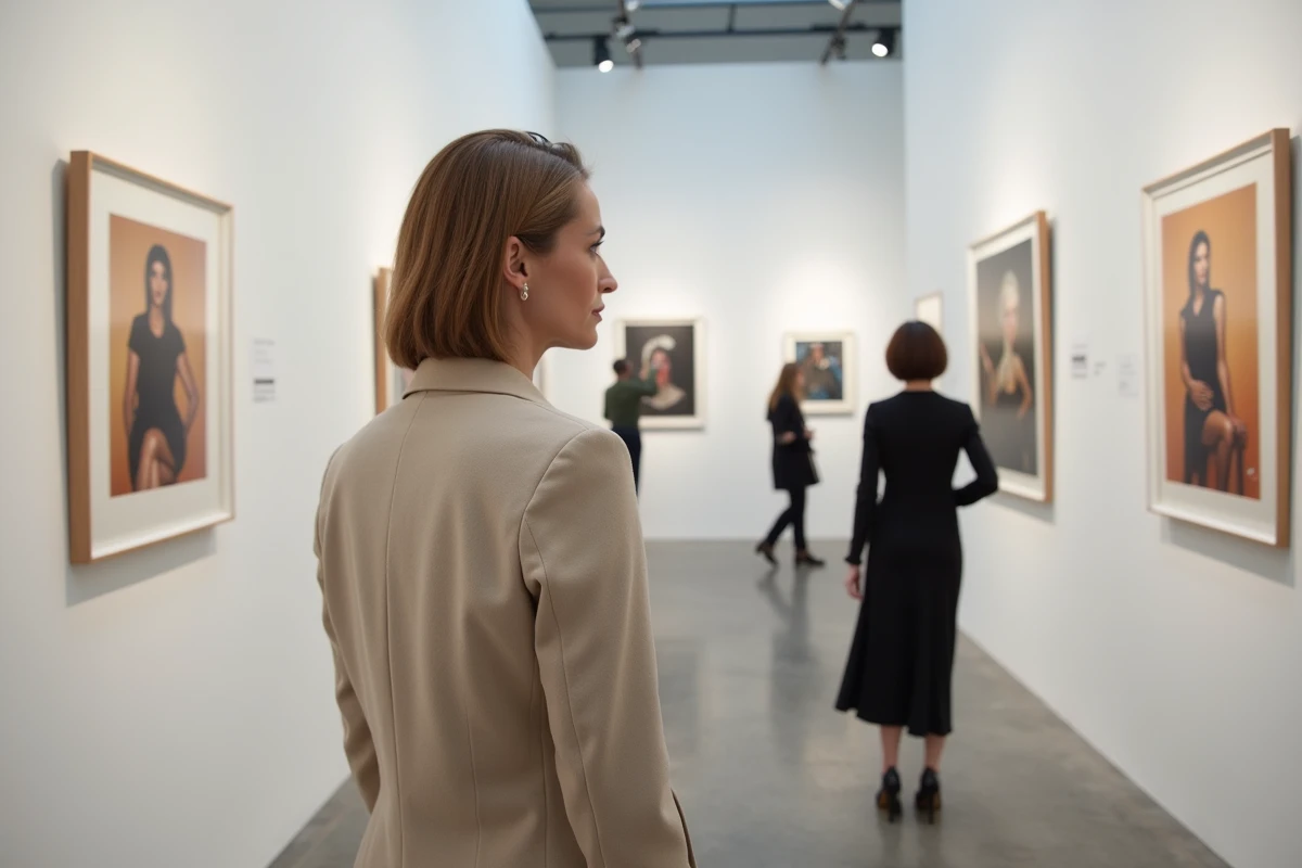 Femme collectionneuse observant une impression dans une galerie