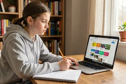 Collégienne de 14 ans révisant pour le Brevet sur une encyclopédie collaborative en ligne depuis son bureau en bois avec un cahier de notes ouvert