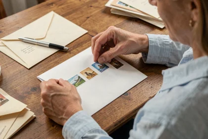 Femme collant plusieurs timbres côte à côte sur une enveloppe blanche à son bureau