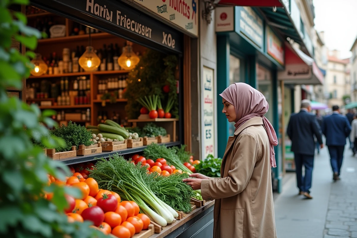 Épicerie halal de proximité avec une cliente portant un foulard faisant ses courses dans une rue commerçante à Ris-Orangis