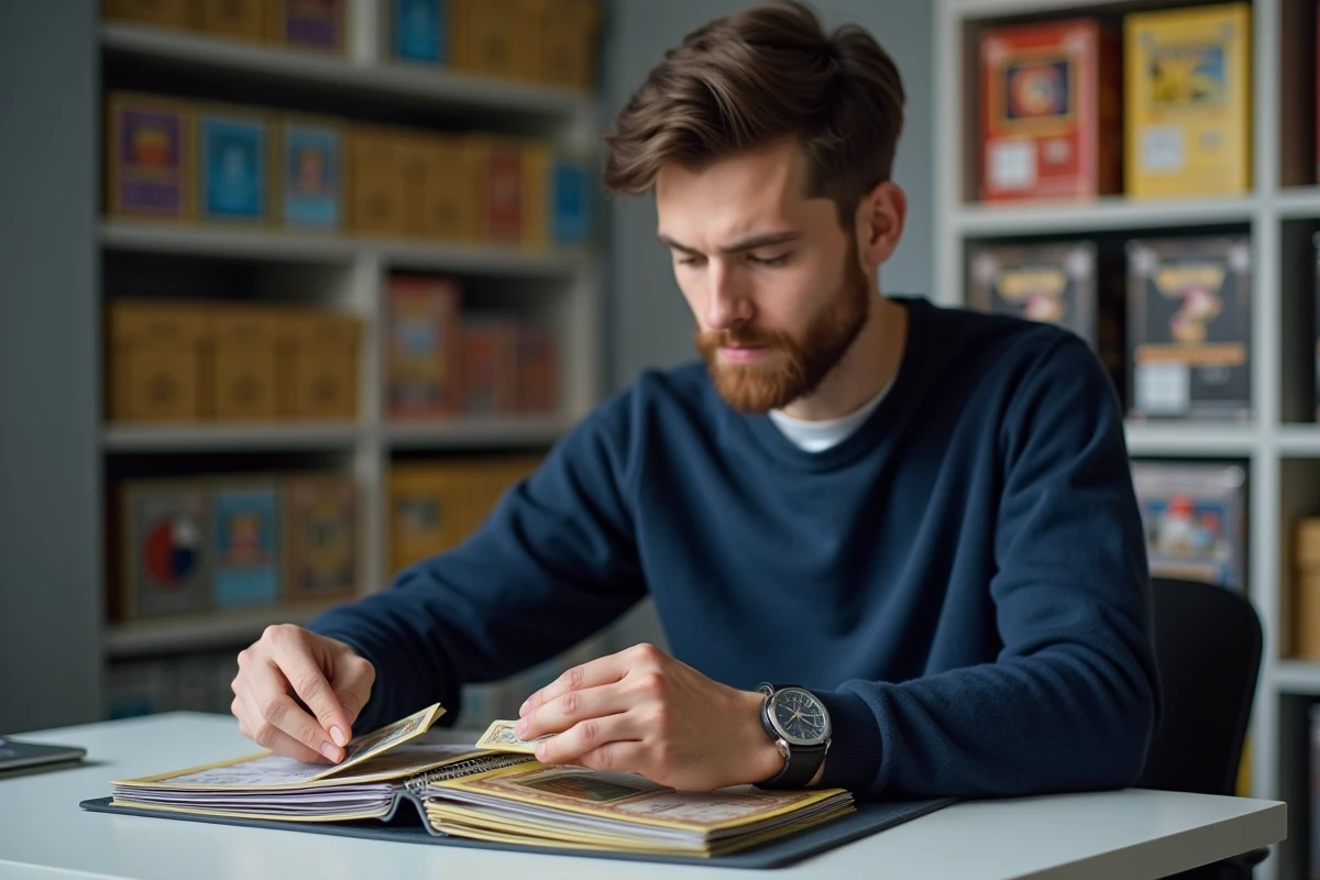 Jeune collectionneur comparant une carte Pokémon édition limitée avec une carte standard dans un appartement moderne
