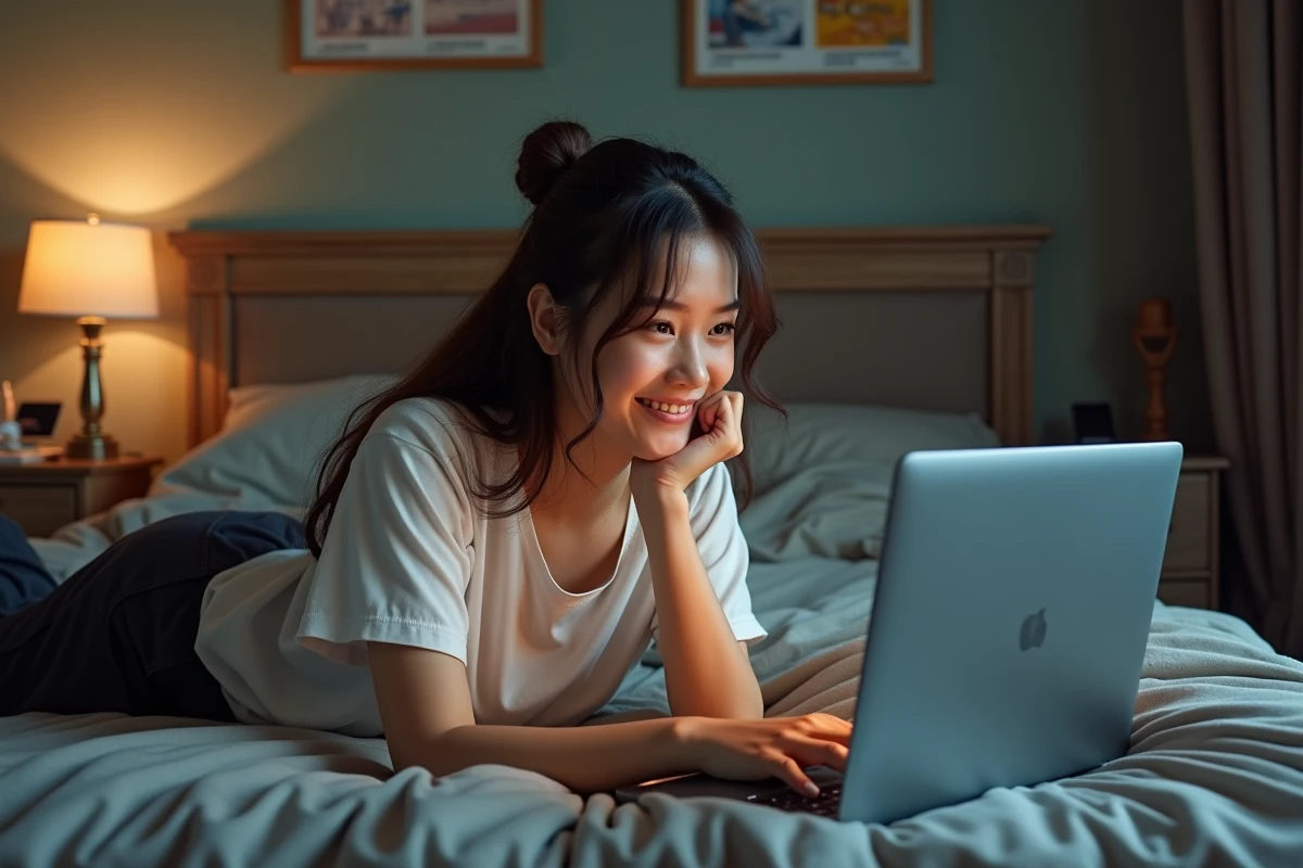 Jeune femme allongée sur son lit en train de comparer des sites de streaming d'animes sur son ordinateur portable