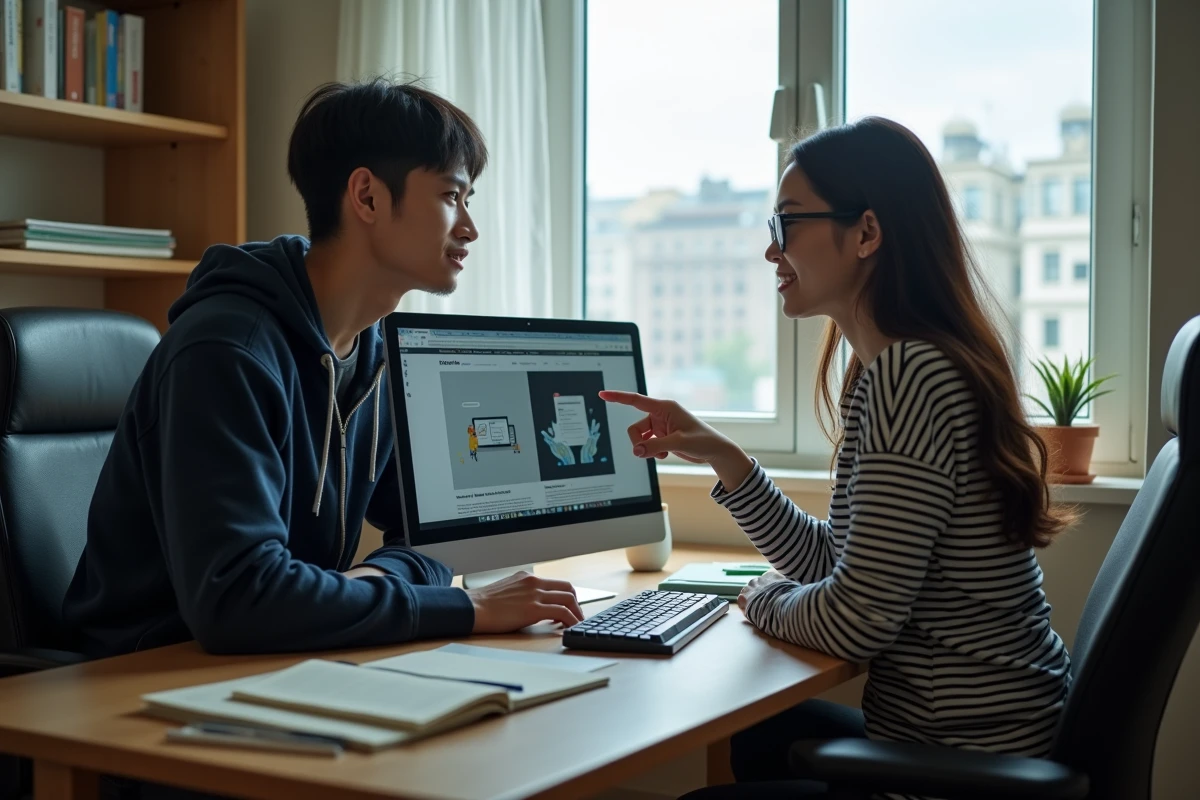 Deux amis étudiants comparant des sites d'animes concurrents sur un ordinateur de bureau dans un appartement étudiant
