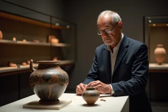 Conservateur de musée examinant une poterie grecque antique à figures noires illustrant le mythe du Minotaure