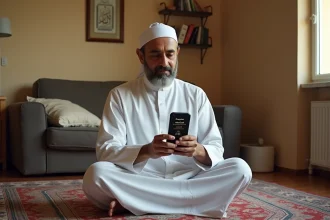 Homme consultant les horaires de prière sur smartphone à Toulon