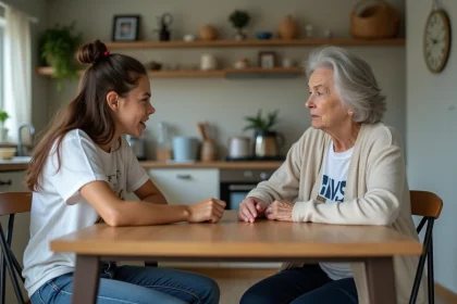 Jeune fille et femme agee discutent dans une cuisine
