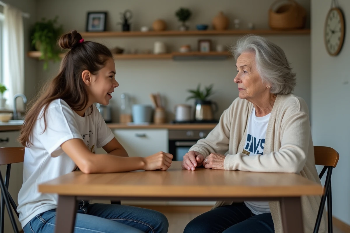Jeune fille et femme agee discutent dans une cuisine