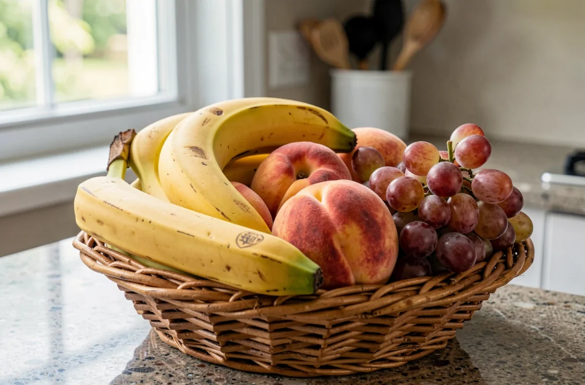 Corbeille de fruits très mûrs sur un plan de cuisine