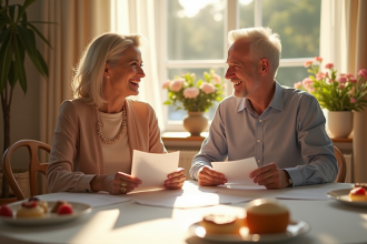 Couple souriant échangeant des lettres d anniversaire au petit déjeuner