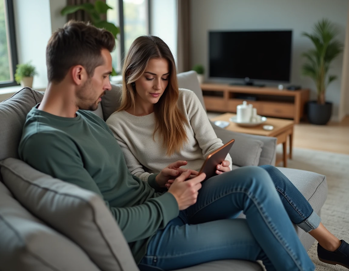 Deux personnes discutant de l'accessibilité d'un site web sur une tablette dans un salon moderne