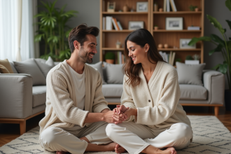 Couple en loungewear partageant un massage dans un salon moderne