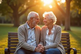 Couple senior assis sur un banc ensoleille dans un parc