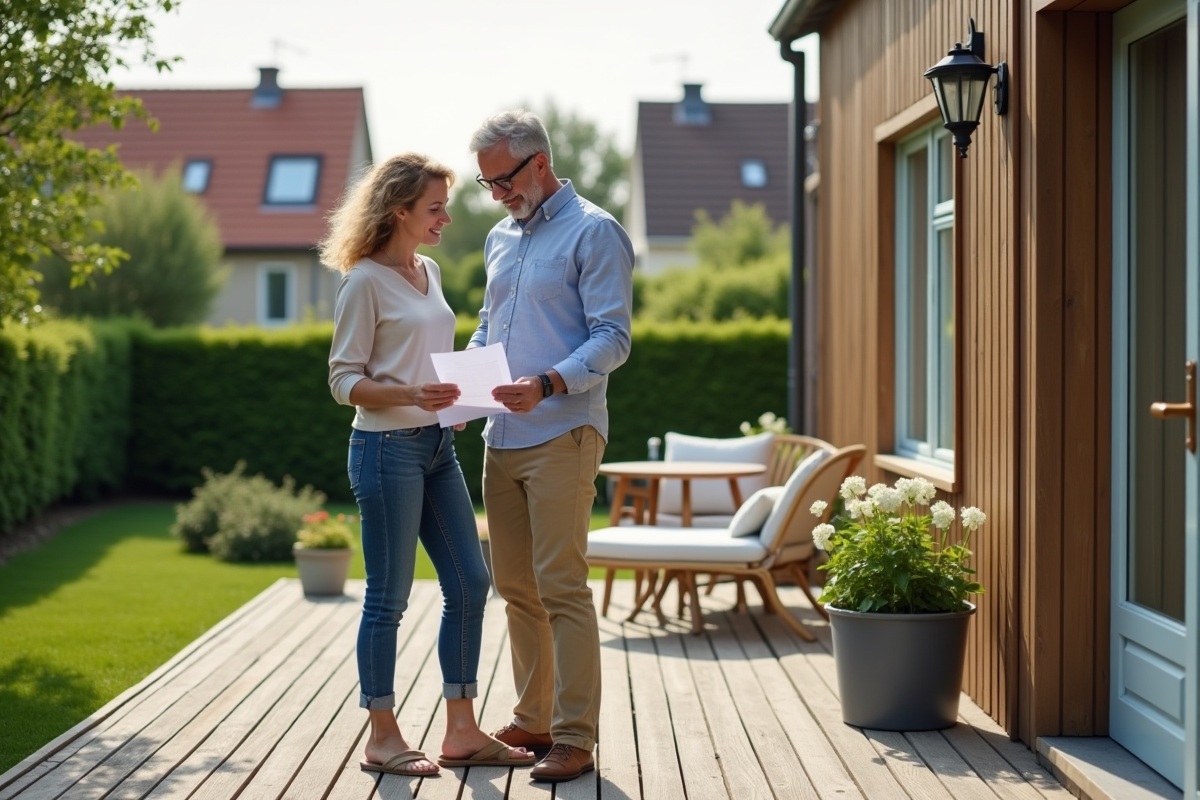 Couple regardant des papiers d'impots sur la terrasse