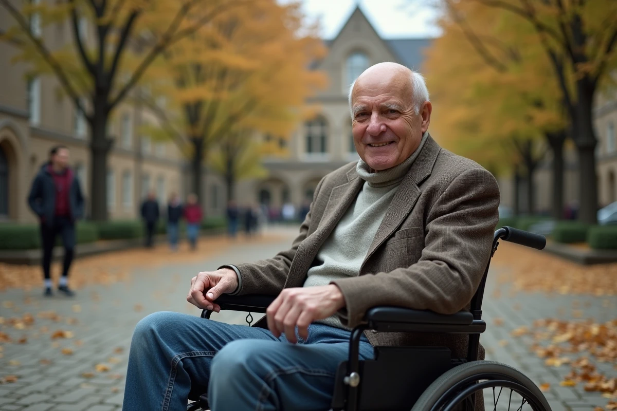 Homme âgé en fauteuil dans une cour d