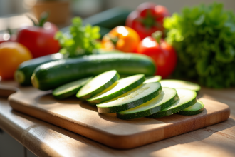 Courgettes fraîches tranchées sur une planche en bois avec légumes