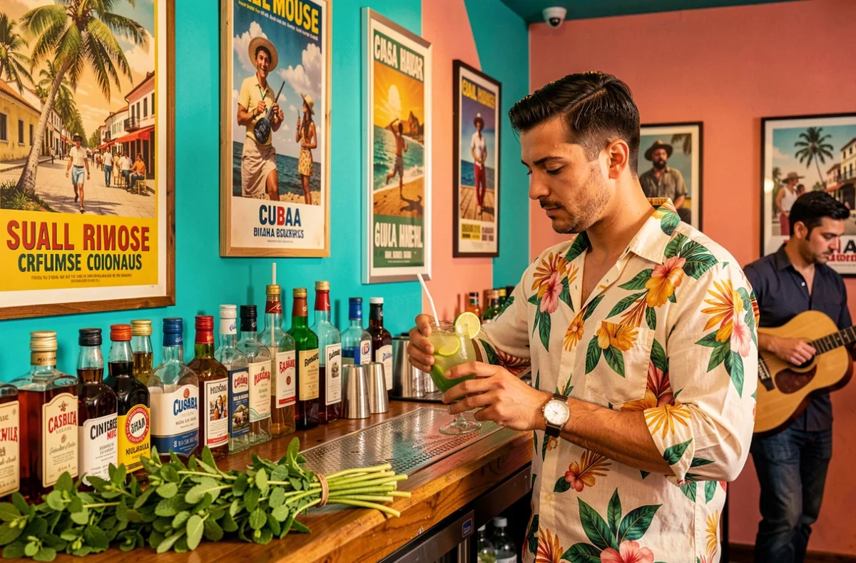 Cuba Bar à Mulhouse avec décor cubain coloré, bartender en guayabera préparant un mojito et ambiance festive latino