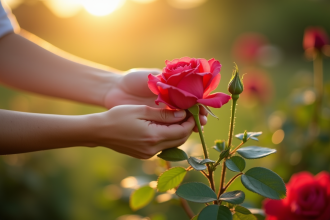 Mains cueillant une rose dans un jardin ensoleille