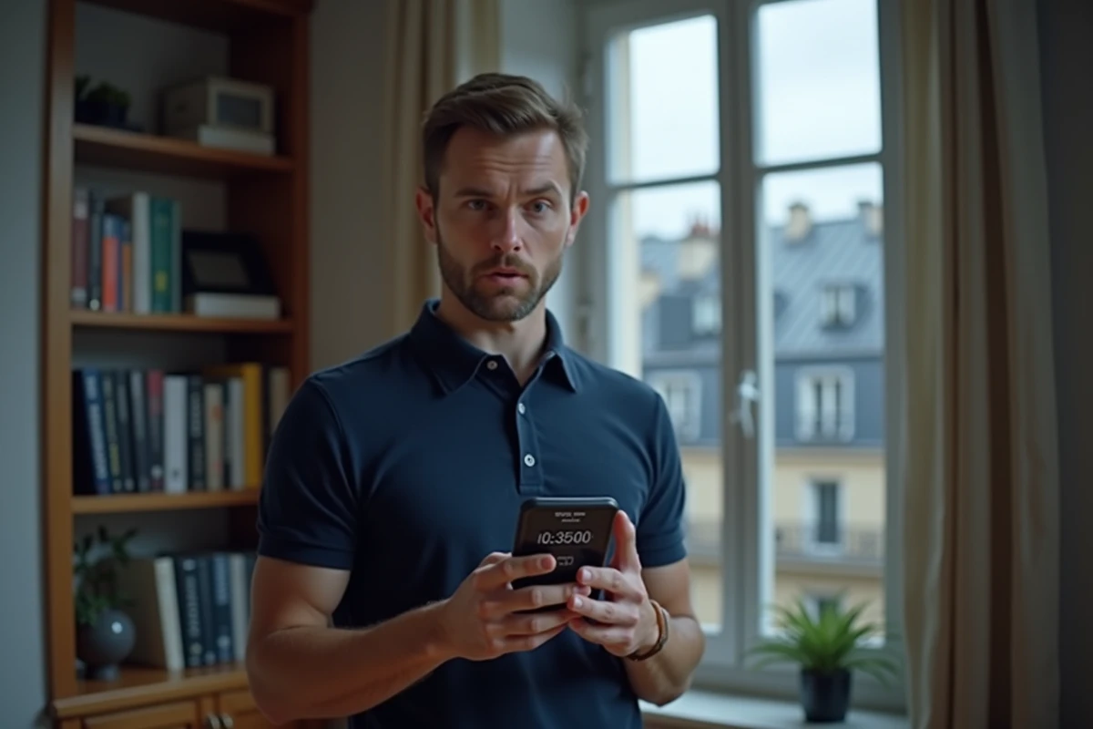 Homme à Paris consultant les fuseaux horaires de Nouvelle-Calédonie sur son smartphone depuis son appartement haussmannien