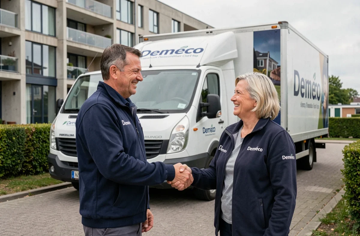 Représentants Demeco Grimaud Services et Déménagements accueillant une cliente devant leur camion en Vendée