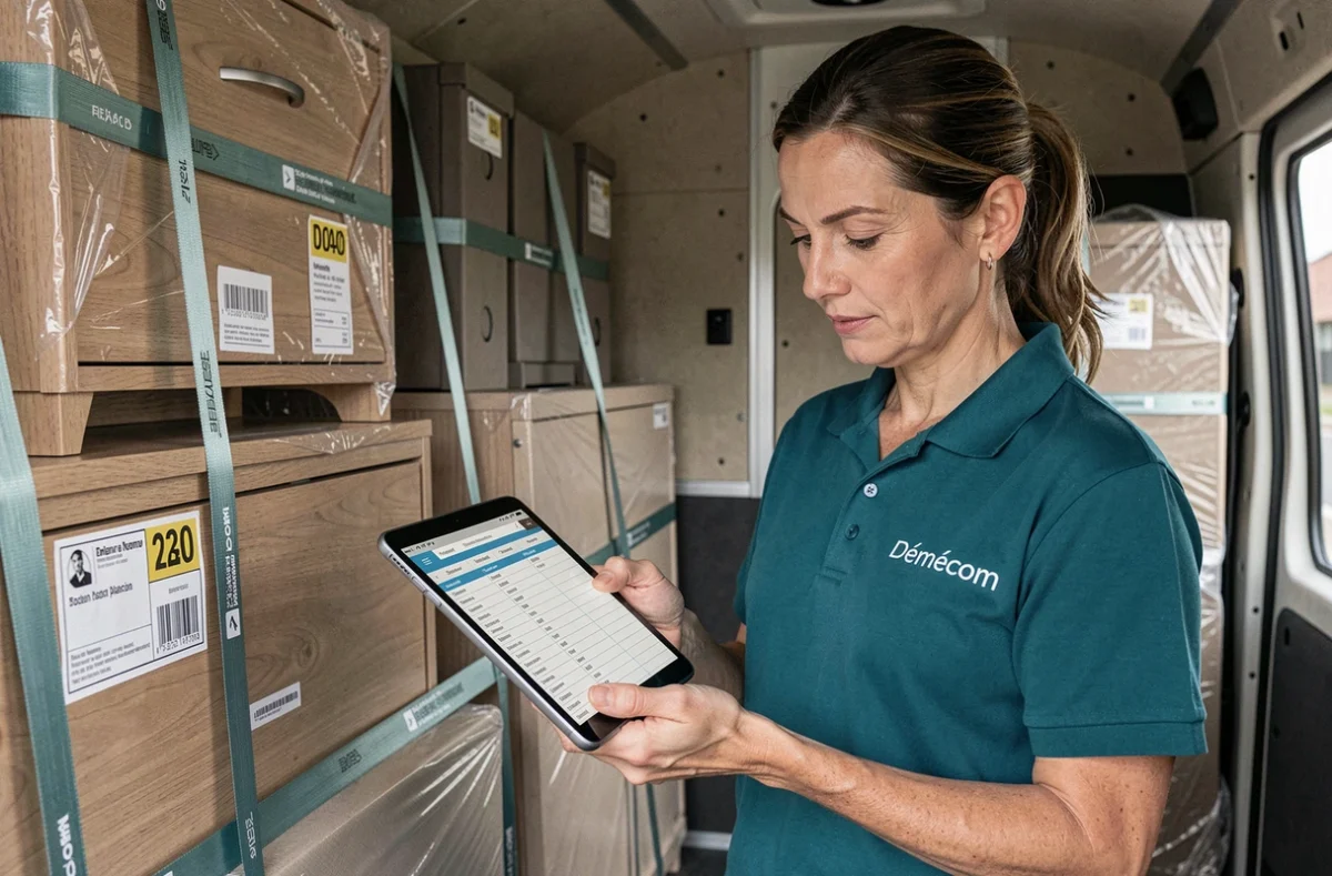 Coordinatrice Démécom Vendée supervisant l'inventaire des meubles à bord d'un camion de déménagement