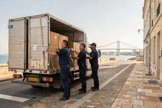 Équipe de déménageurs professionnels chargeant un camion dans une rue de Saint-Nazaire avec le pont en arrière-plan
