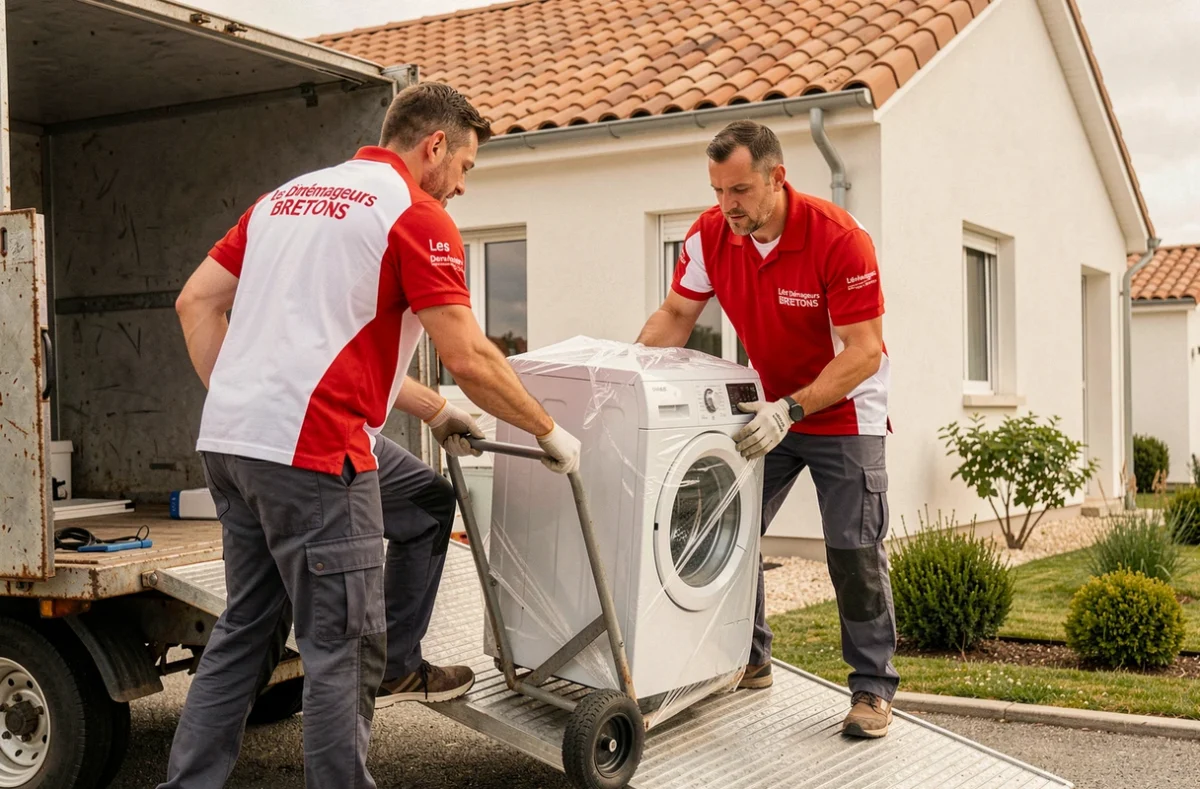 Déménageurs Bretons chargeant un électroménager devant un pavillon en Vendée