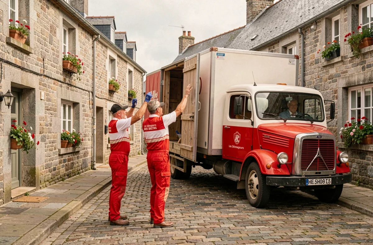 Équipe des Déménageurs Bretons en uniformes rouges et blancs chargeant un camion dans une rue bretonne en granit