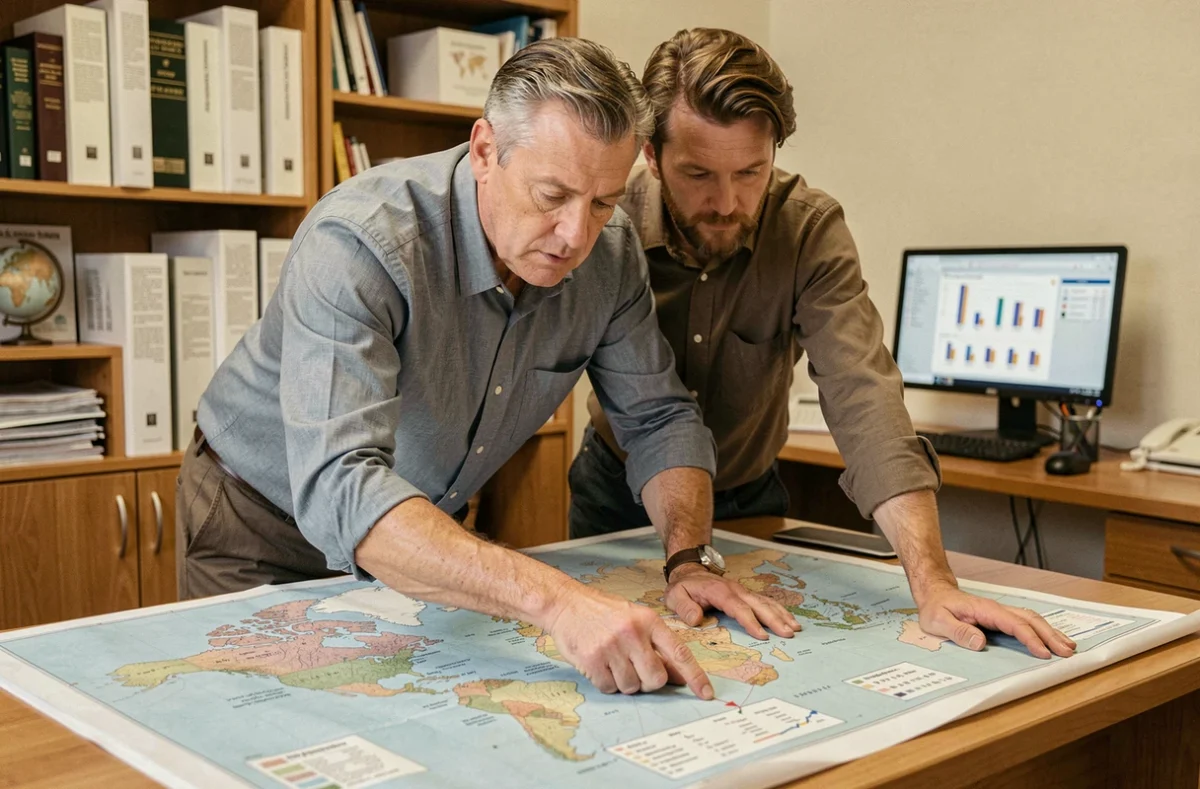 Démographe masculin analysant une carte mondiale de la population dans un bureau de recherche, illustrant l'étude de l'évolution démographique mondiale