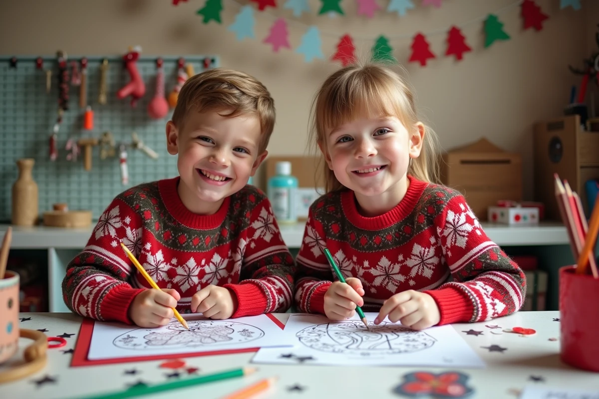 Deux enfants coloriant ensemble des cartes de Noël imprimées gratuitement dans une salle de loisirs créatifs