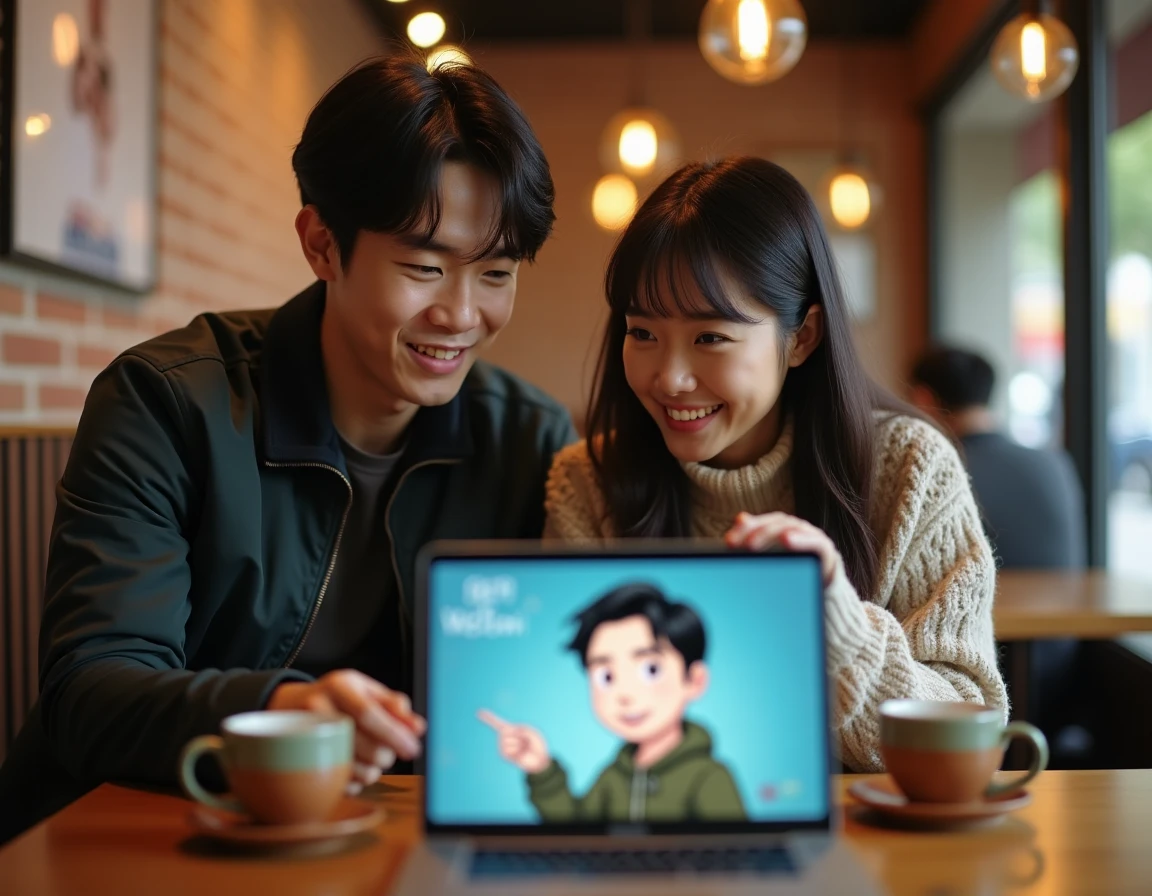 Deux lecteurs discutant d'un webtoon dans un café devant un ordinateur portable, évoquant la communauté de fans autour de Fox-Eyed Villain of the Demon Academy
