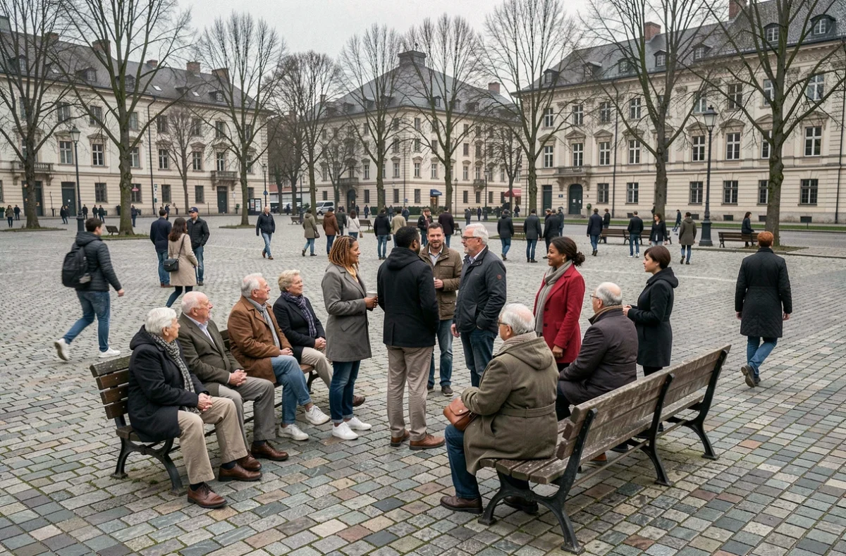 Groupe multigénérationnel et multiéthnique réuni dans une grande place publique européenne, symbolisant la diversité et la croissance de la population mondiale entre 1950 et 2026