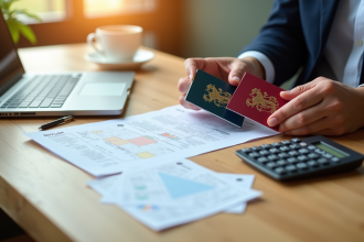 Deux mains tenant des passeports français et britannique sur un bureau lumineux
