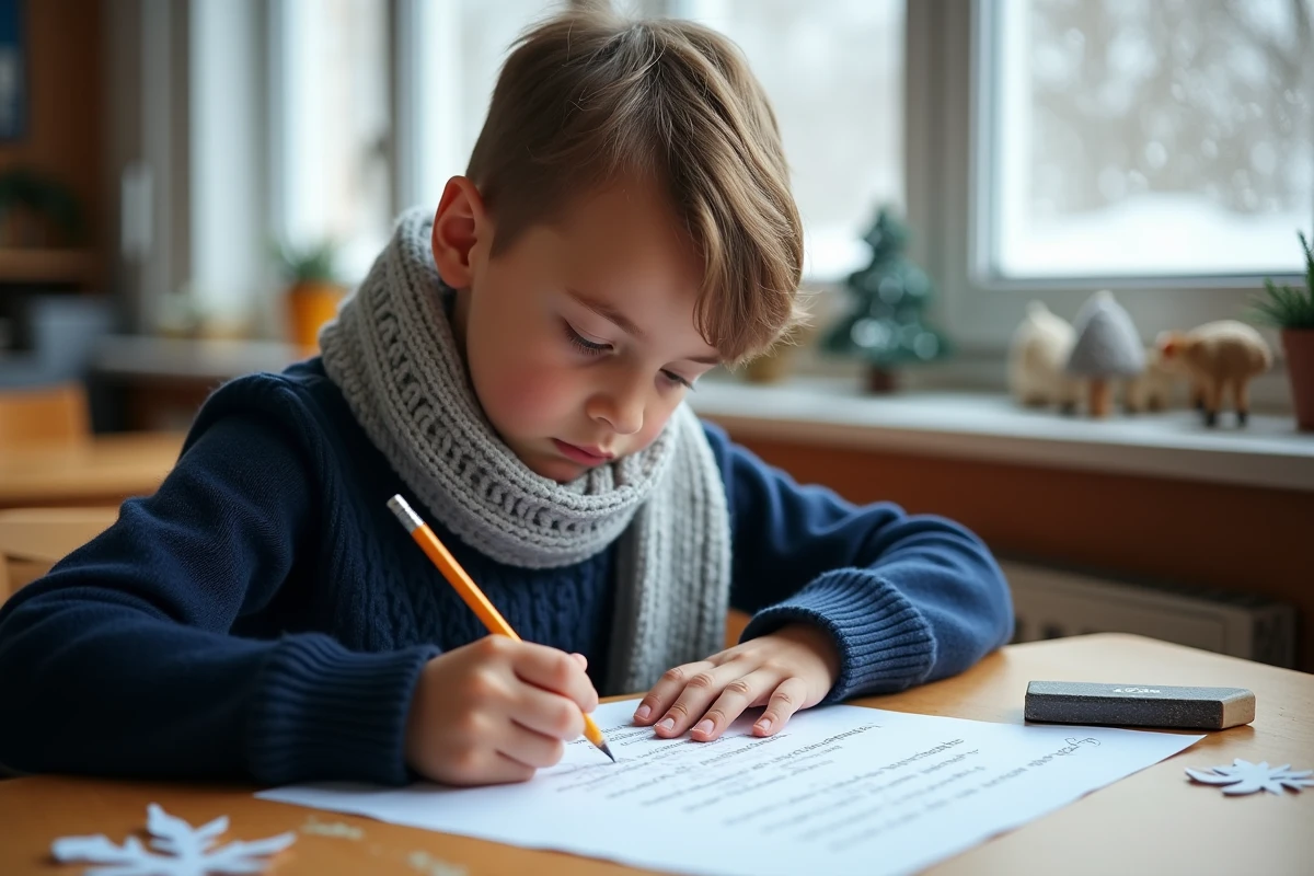Jeune écolier écrivant une poésie sur l'hiver à son bureau avec des flocons de papier décorés