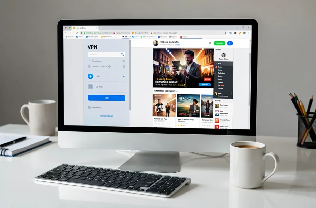 Écran d'ordinateur affichant une interface VPN et un site de streaming français sur un bureau minimaliste