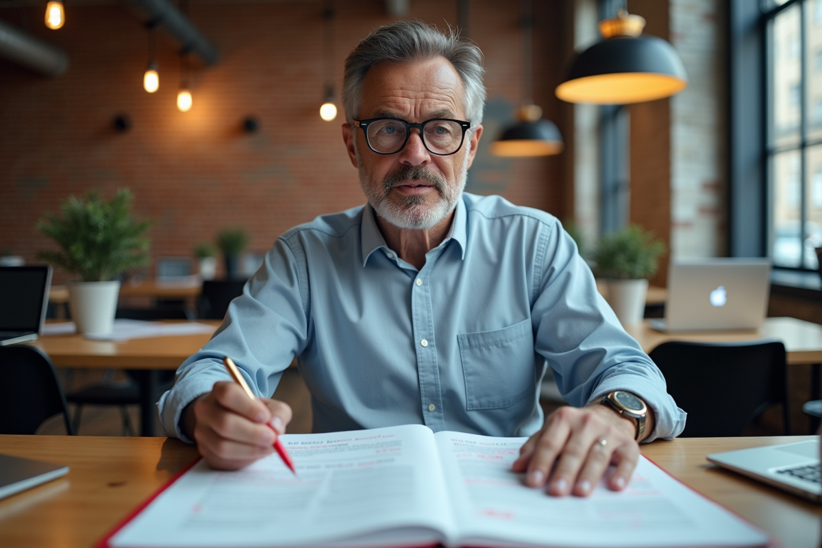 Homme éditeur analysant des pages dans un espace coworking