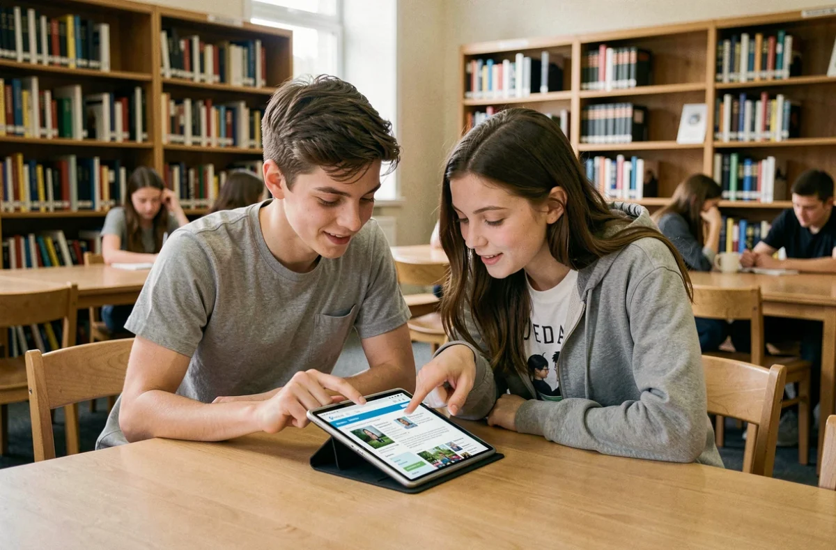 Deux collégiens consultant une encyclopédie collaborative sur tablette dans une bibliothèque scolaire pour préparer le Brevet 2026