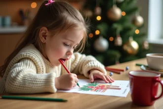 Petite fille coloriant une carte de Noël imprimée en PDF à la table de cuisine avec des crayons de couleur