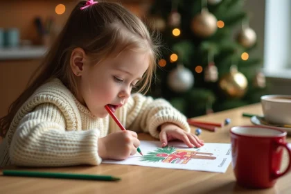 Petite fille coloriant une carte de Noël imprimée en PDF à la table de cuisine avec des crayons de couleur