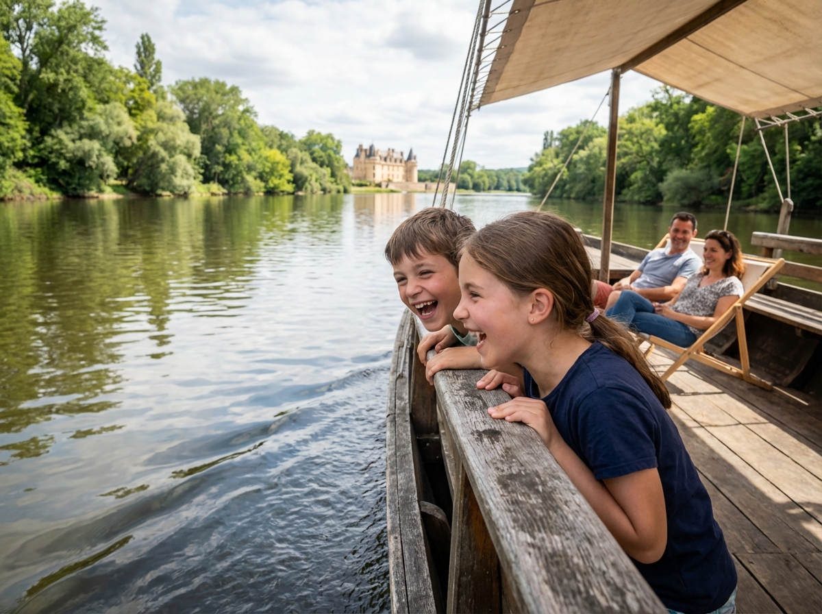 Enfants riant sur un bateau traditionnel sur la Loire