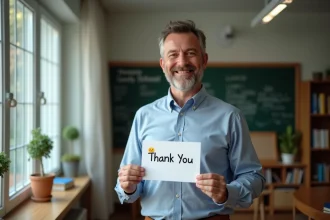 Professeur souriant tenant une carte de remerciement dans la classe