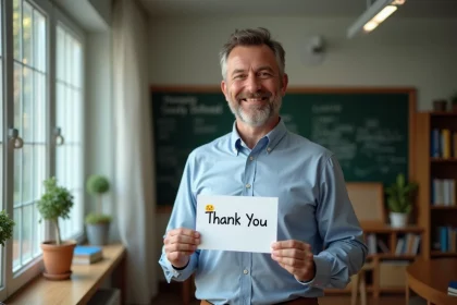 Professeur souriant tenant une carte de remerciement dans la classe
