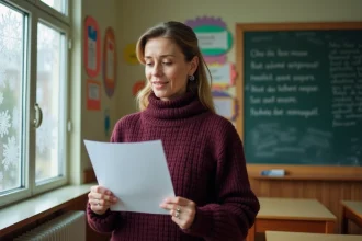 Enseignante tenant une fiche de poésie sur l'hiver dans une salle de classe décorée de flocons de neige en papier