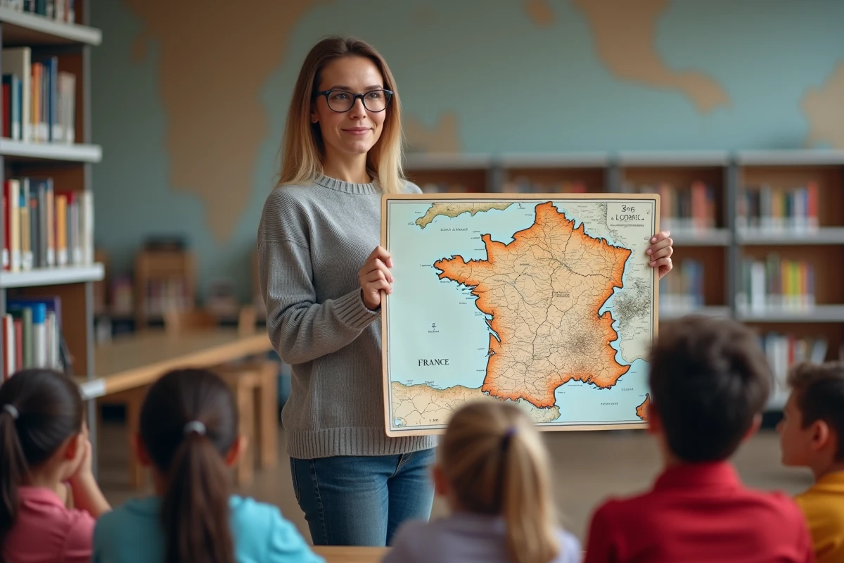 Femme montrant une carte de France à des enfants en bibliothèque